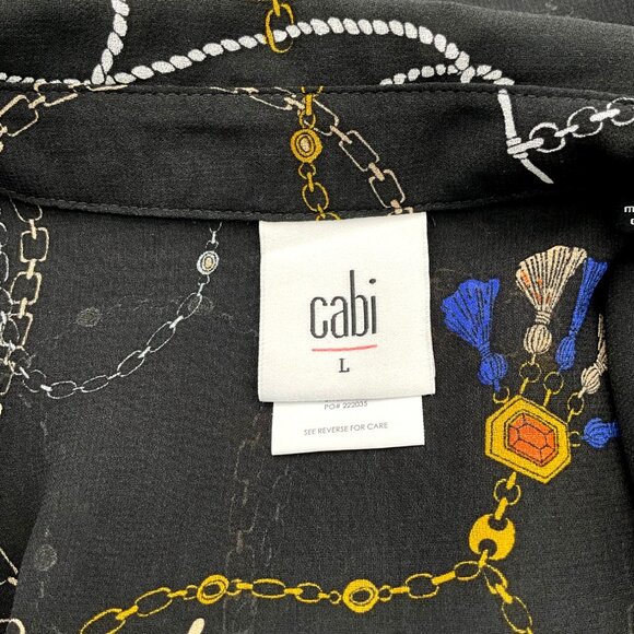 CABI Long Sleeve Button Front Victoria Status Print Semi Sheer Blouse LG - Picture 7 of 10